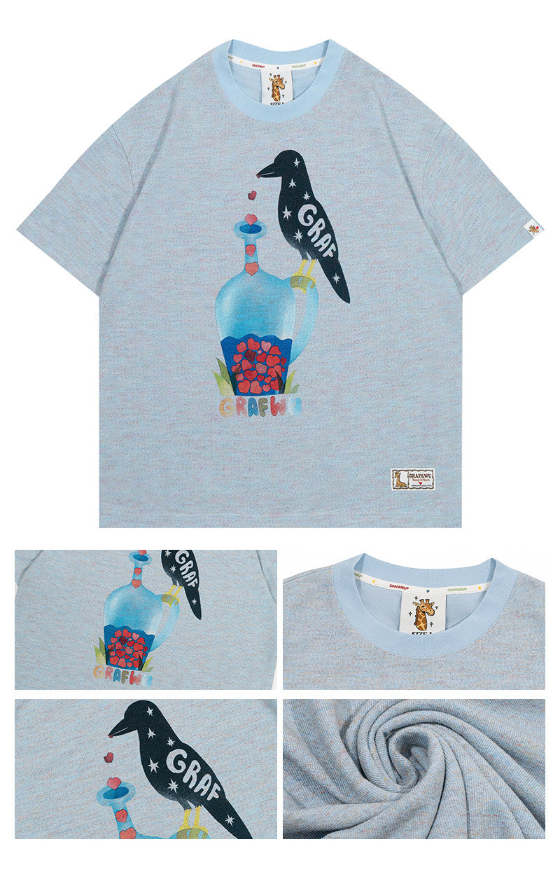GRAF&WU【Giraffe Fable】Black Crow Drinking Water Print Streetwear Cool Feeling T-Shirt
