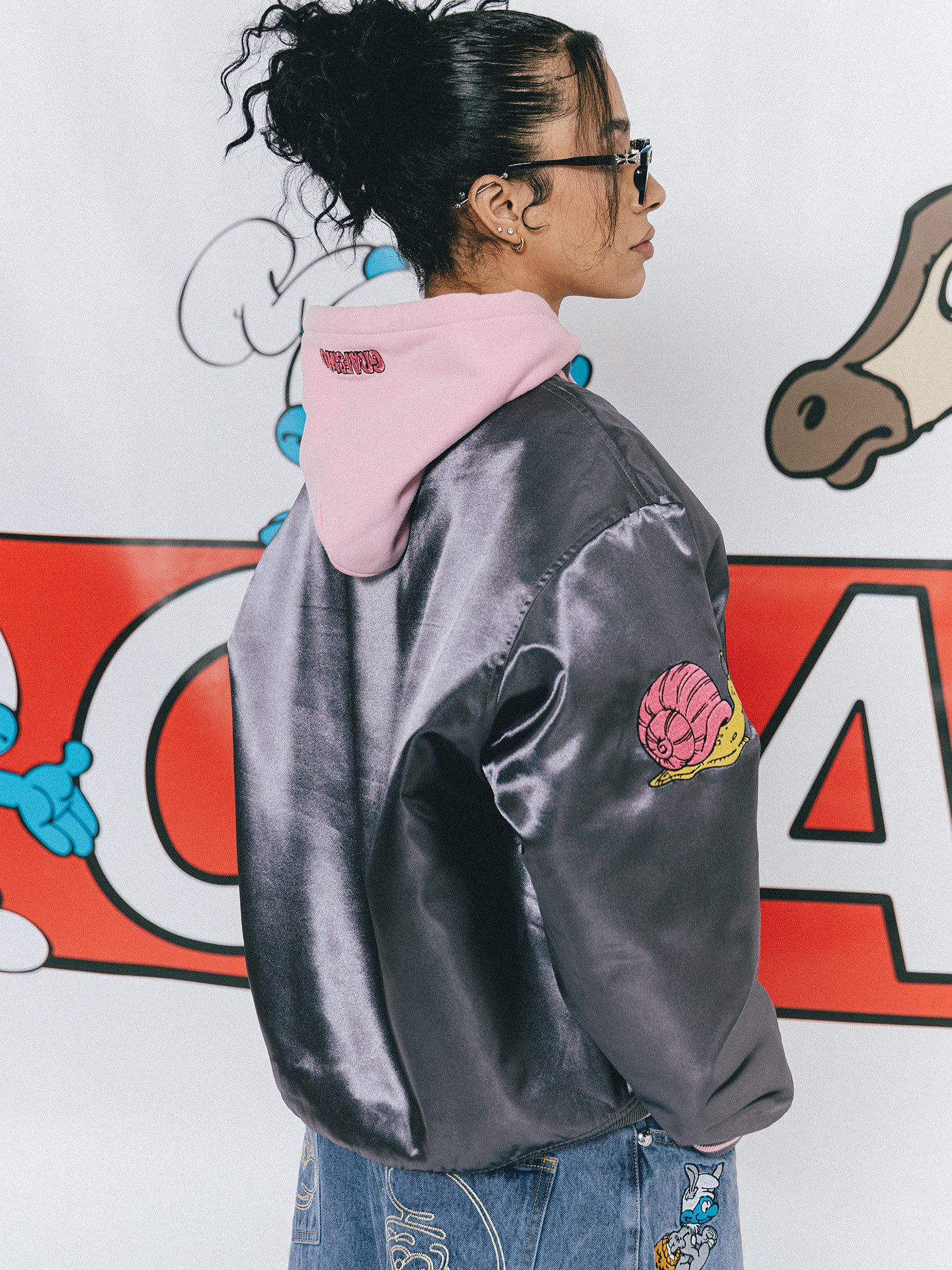 GRAF X SMURF Collaboration Couple Style Thick Satin Hooded Jacket