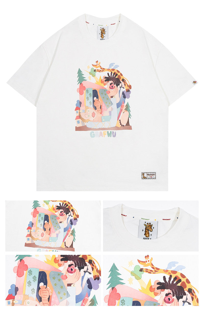 GRAF&WU Giraffe Fable Greed and Jealousy Abstract Streetwear Ice Silk Fabric T-Shirt