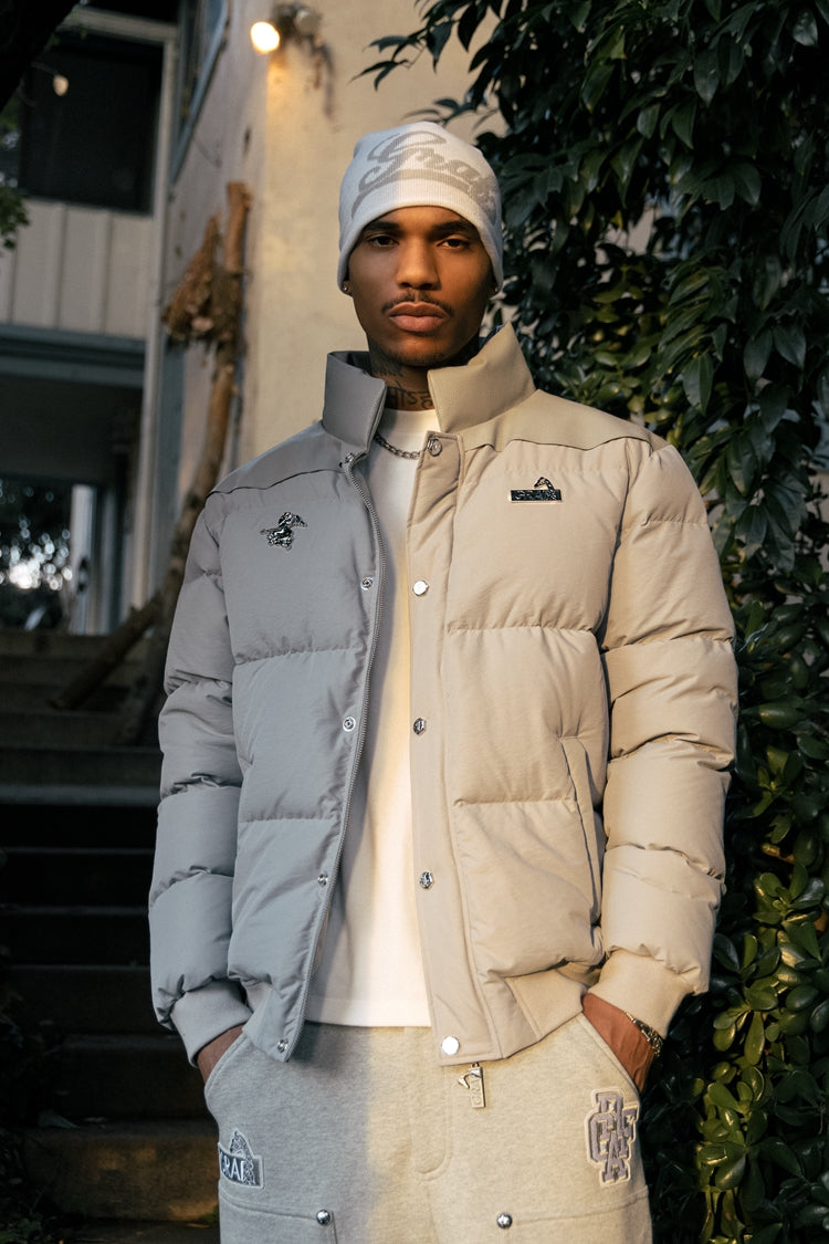 GRAF&WU Metal AK47 Angel Deer Logo PU Leather Collar Down Jacket