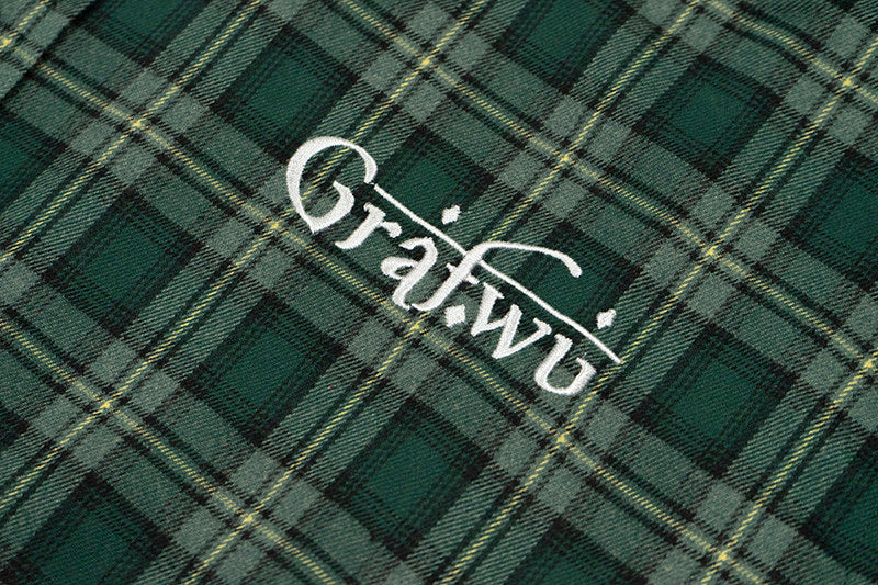 GRAF&WU Embroidered Plaid Button Up Shirt Ribbed Trim Oversized Streetwear