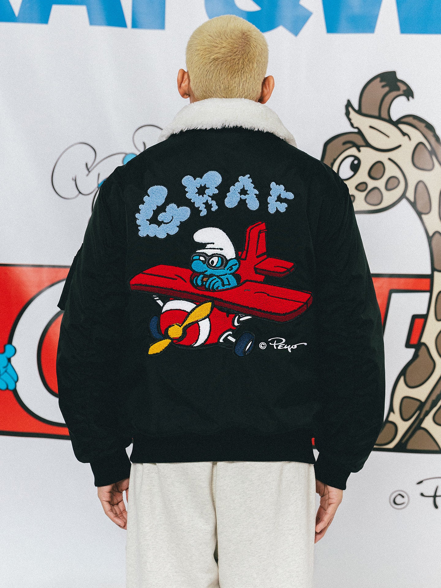 GRAF X SMURF Collaboration Fashion Fur Collar Thick Bomber Jacket
