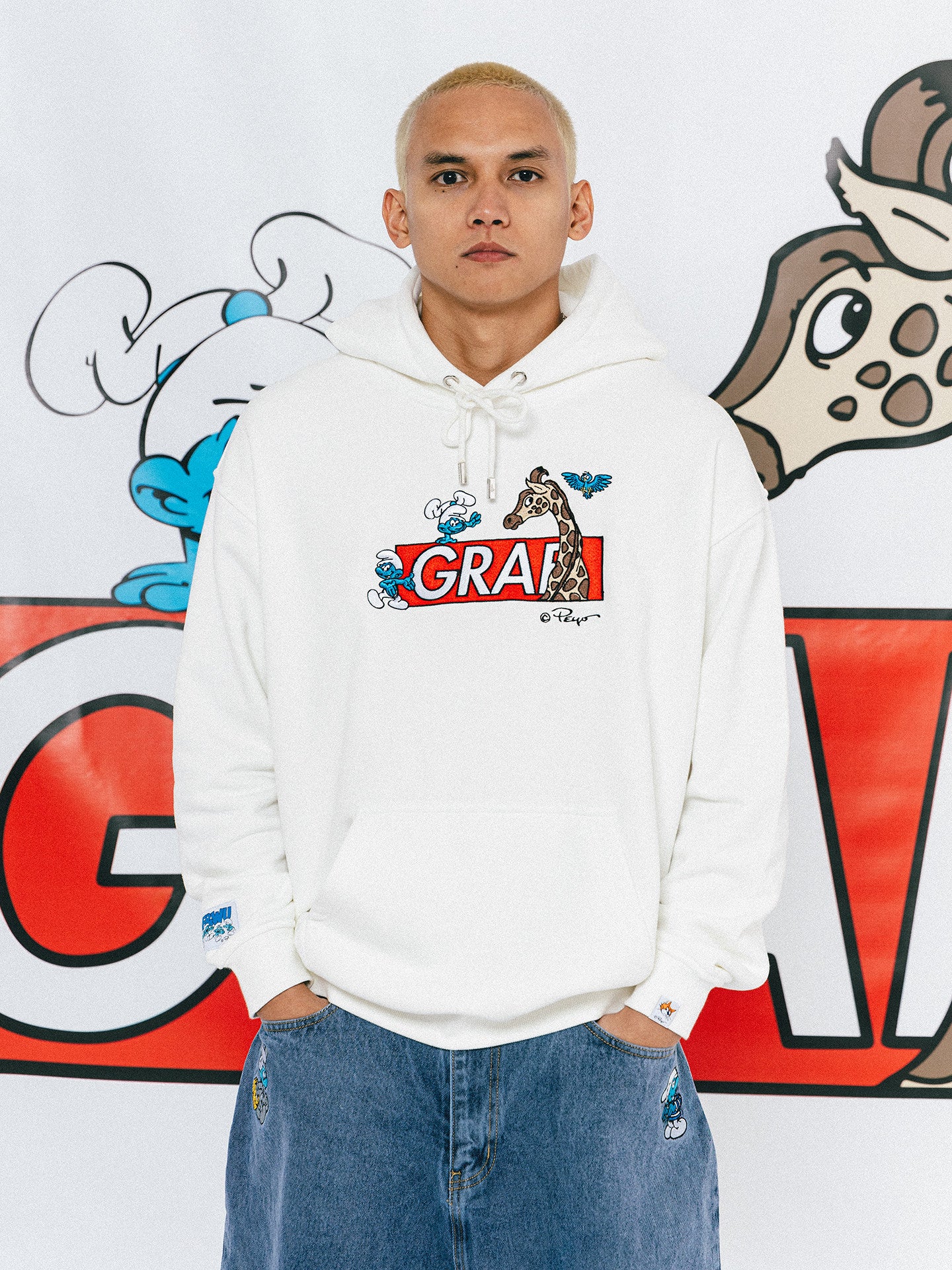 GRAF X SMURF Giraffe Smurf Embroidered Cartoon Fleece Hoodie