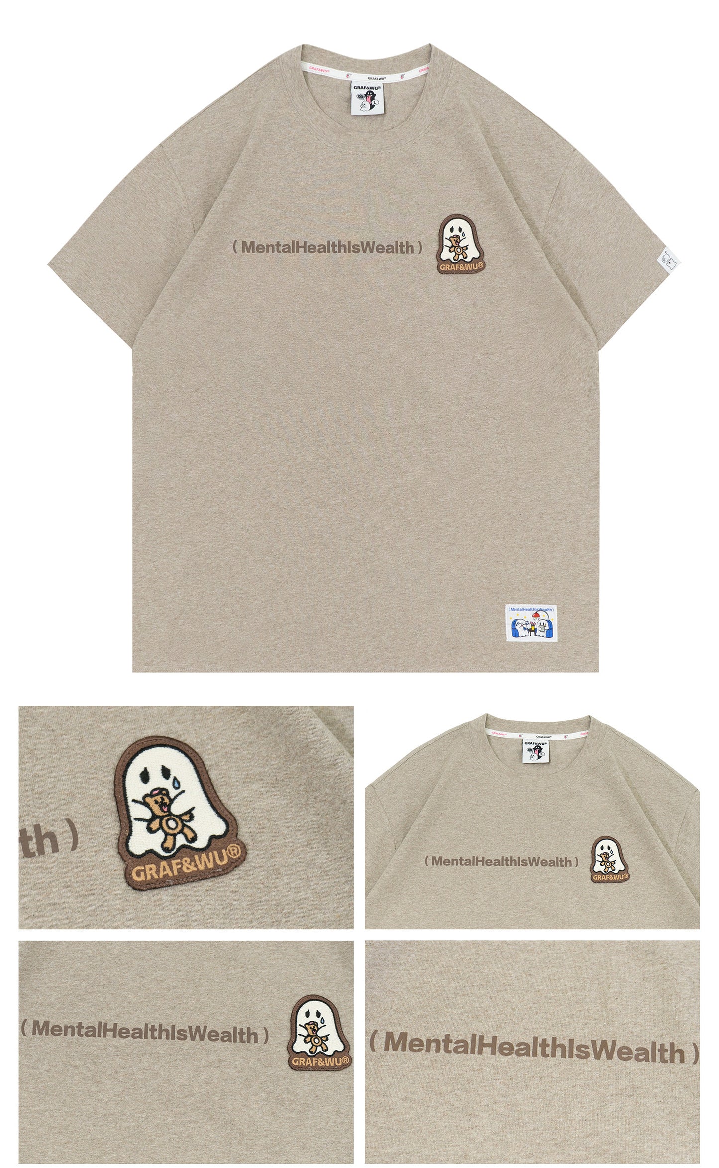 GRAF&WU Mental Health Series Cute Ghost Embroidery Graphic T-Shirt