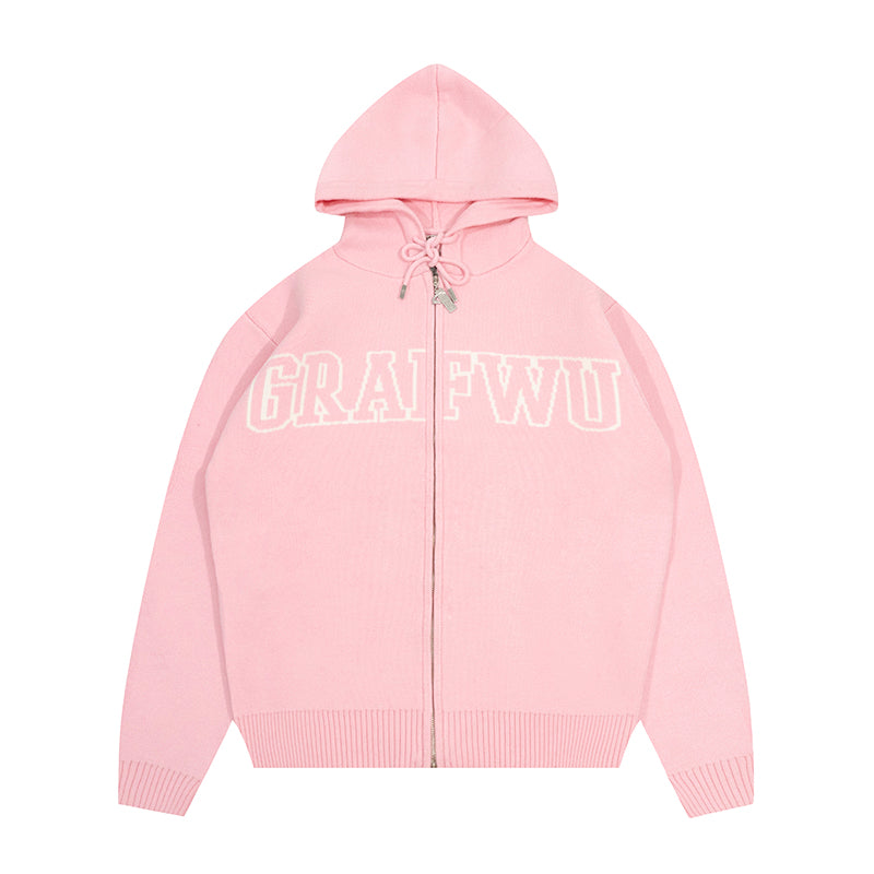 GRAF&WU Soft Knitted Warm Letter Thick Zip-up Sweater