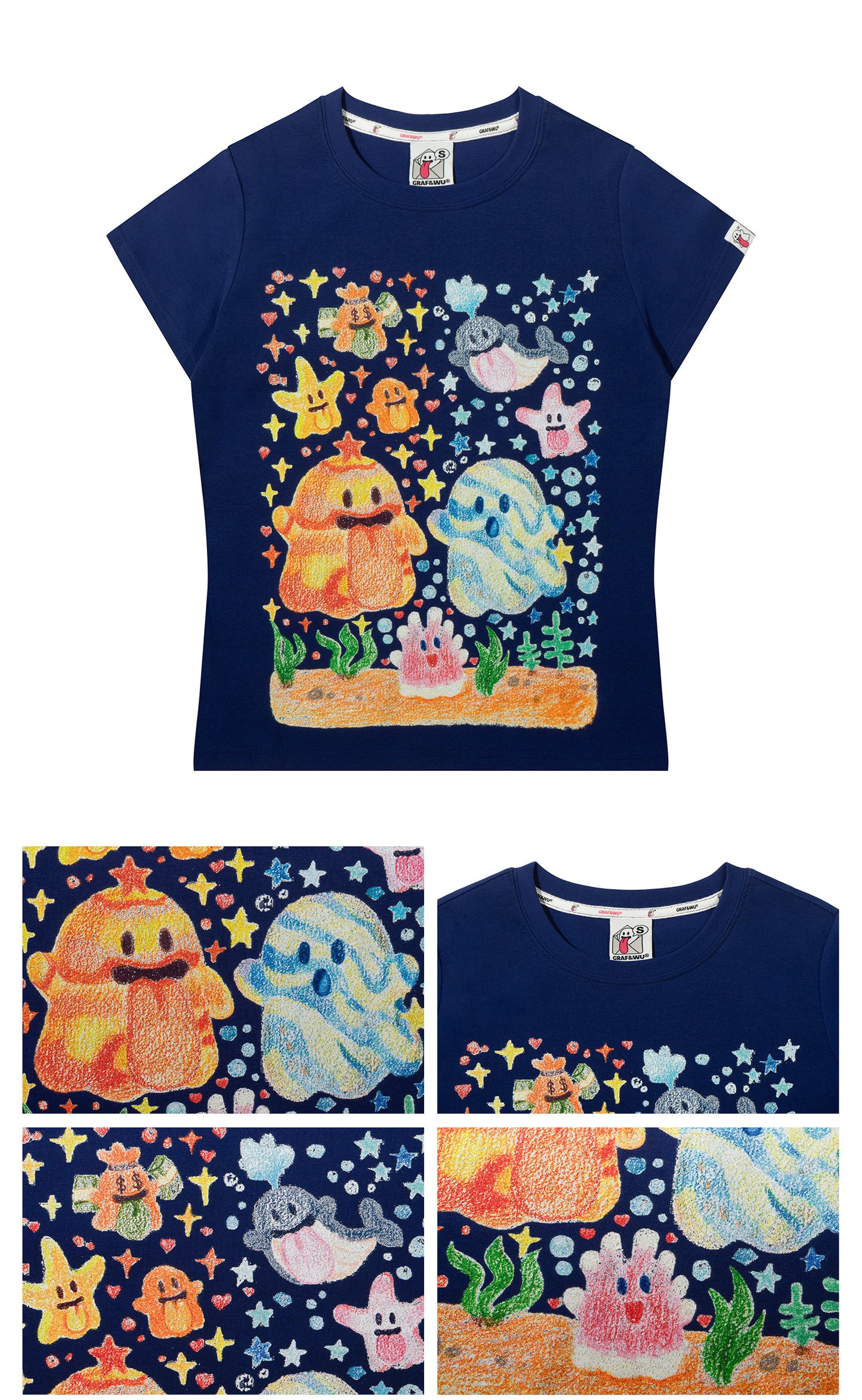 GRAF&WU Artistic Painted Solar System Planets Cute Ghost Hot Girl T-shirt
