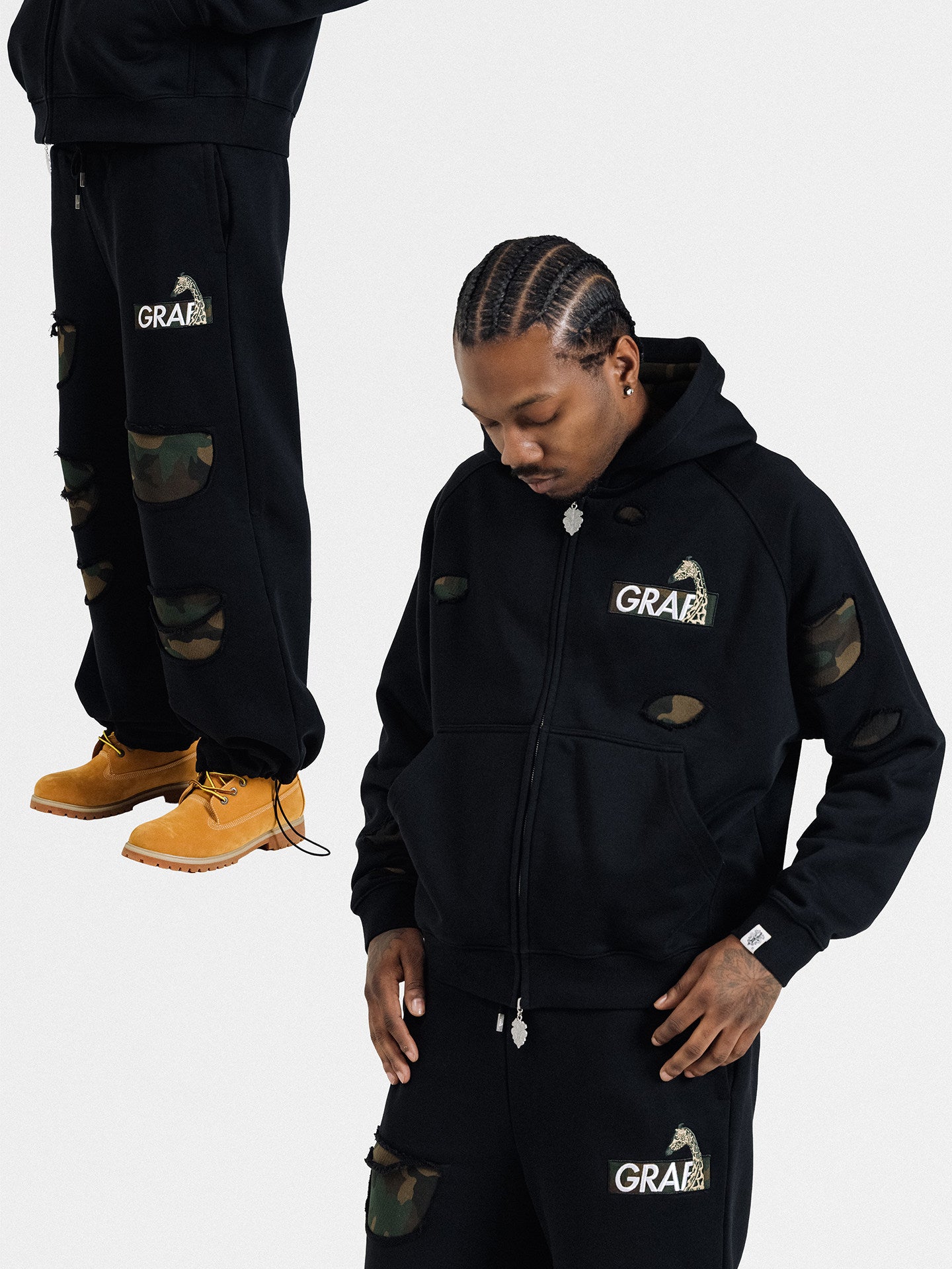 GRAF&WU Camouflage Giraffe Ripped Streetwear Zip-up Hoodie