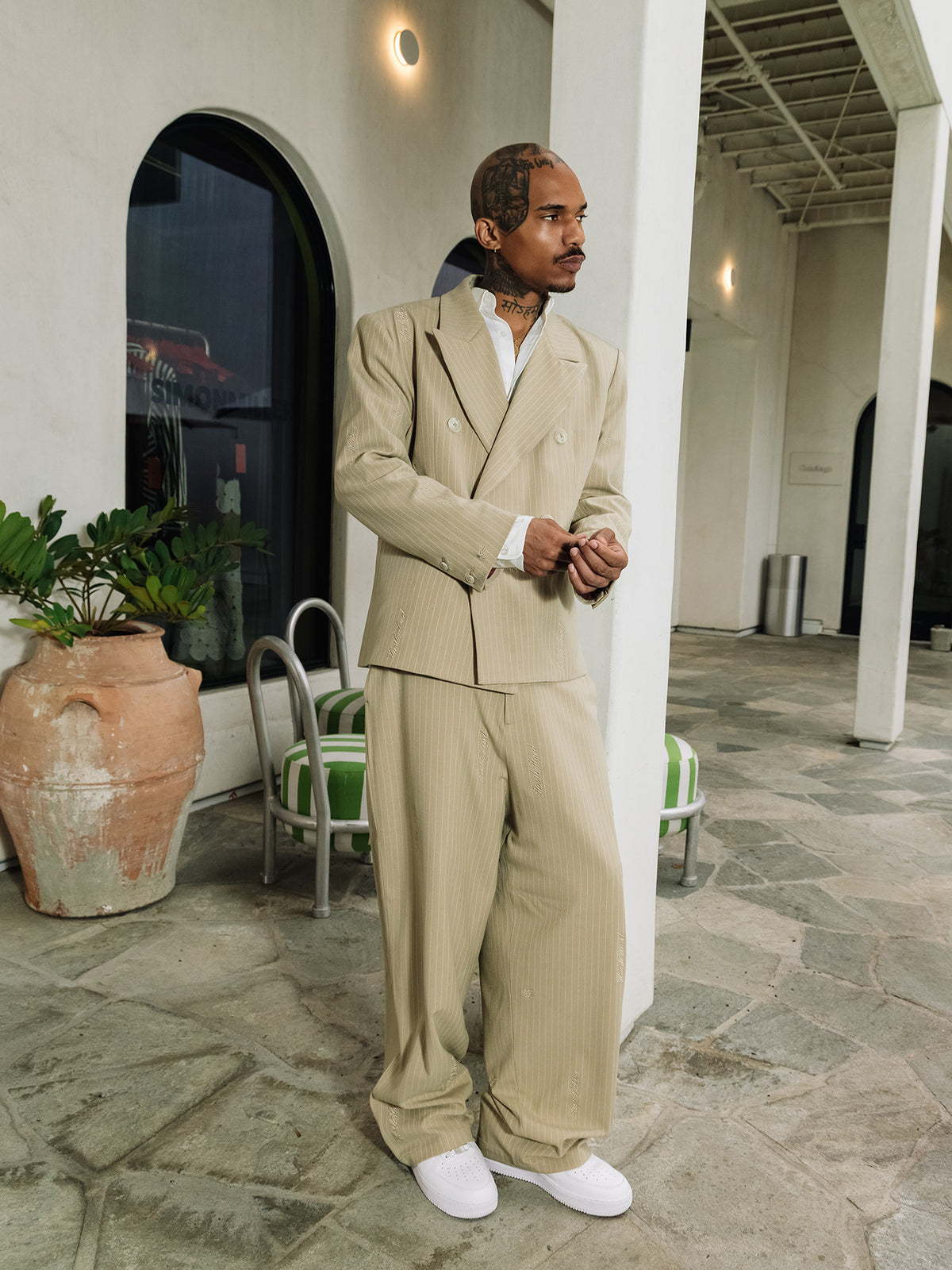 GRAFWU Oversized Pinstripe Double-Breasted Blazer Unisex Neutral Tone Suit