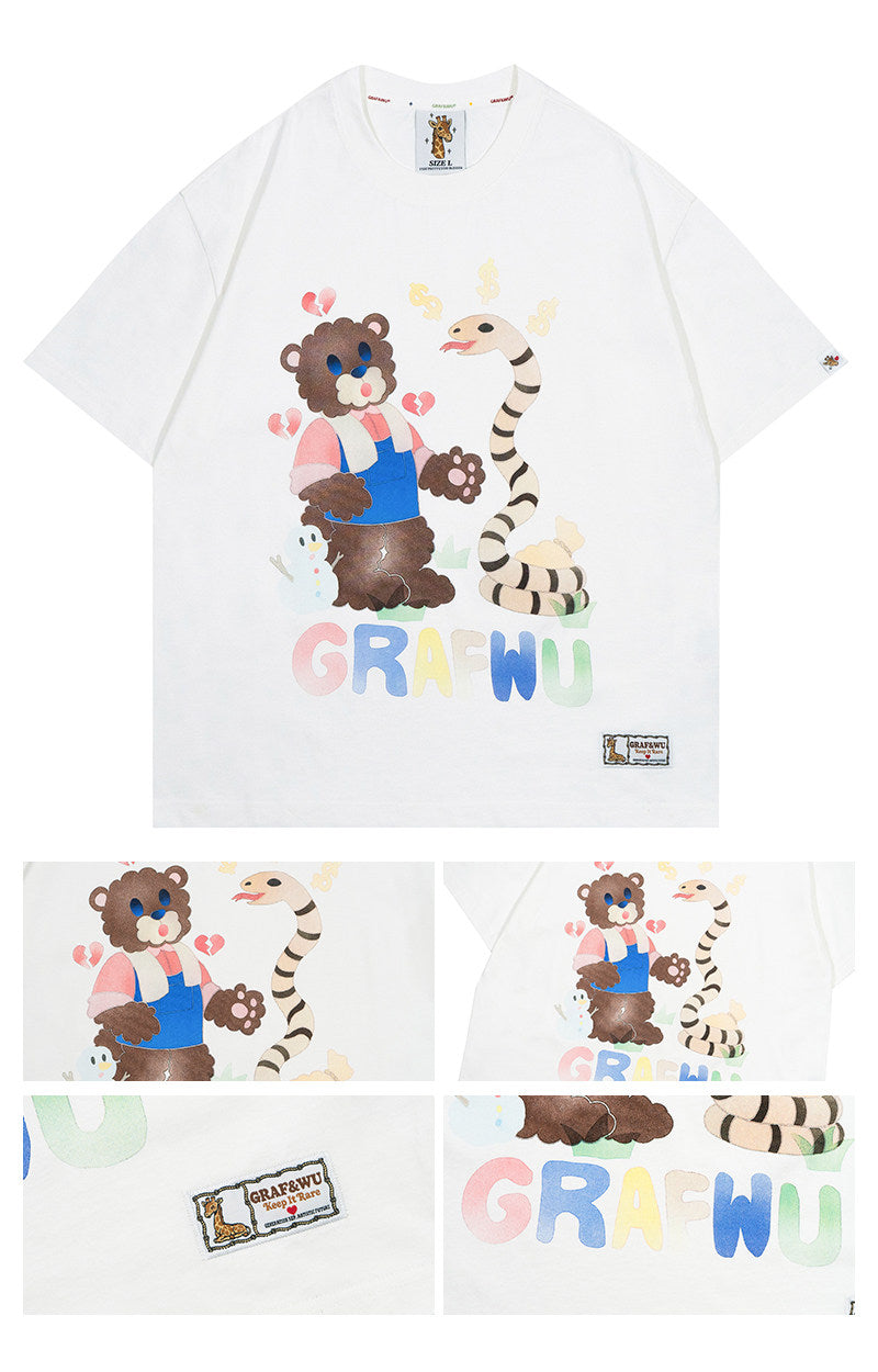GRAF&WU【Giraffe Fable】Farmer Bear and Snake Streetwear Cool Touch T-Shirt