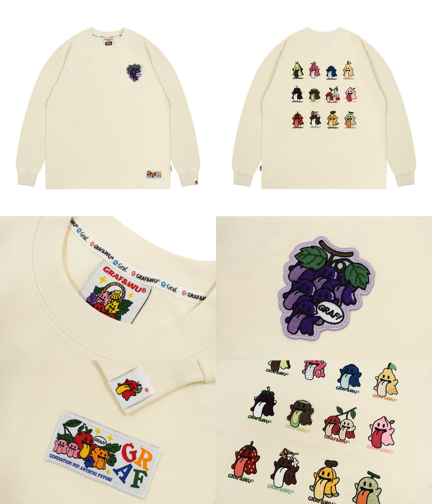 GRAF&WU Fruit Party 12 Fruit Cute Ghosts Embroidery Long-sleeves Shirt