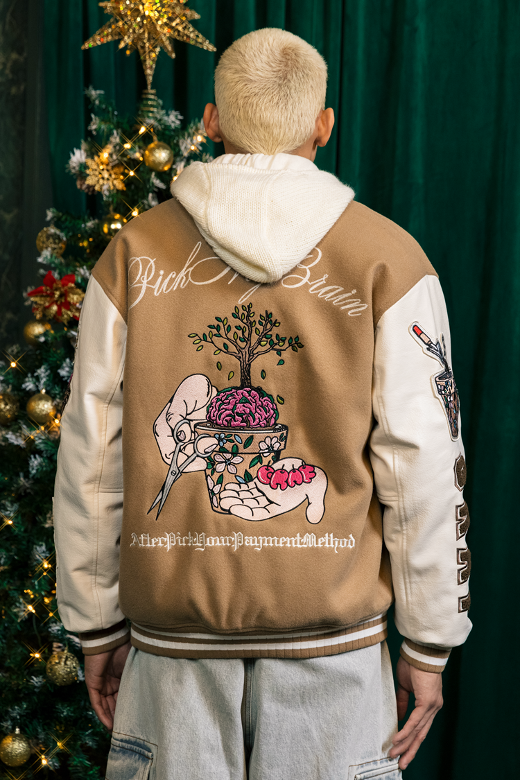 GRAF&WU Brainpower Potted Plant Leather Sleeves Baseball Jacket