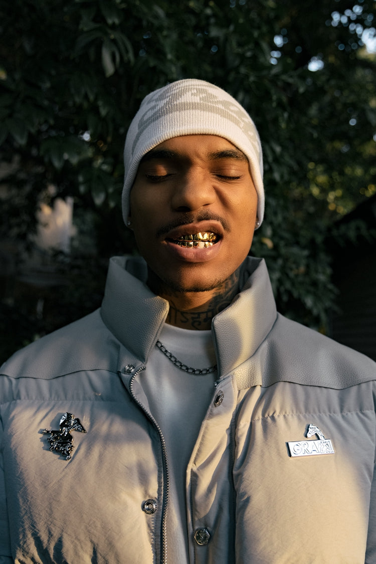 GRAF&WU Metal AK47 Angel Deer Logo PU Leather Collar Down Jacket