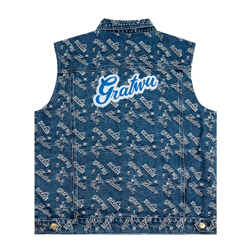 GRAF&WU Retro Jacquard Embroidered Sleeveless Denim Vest