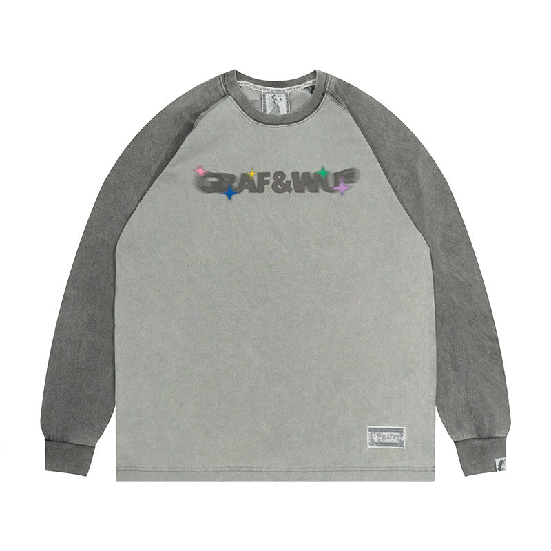 GRAF&WU Washed Distressed Phantom Letter Print Couple Raglan Long Sleeves
