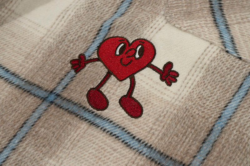 GRAF&WU Plaid 3 LOVE Heart Eembroidery Streetwear Brushed Shirt