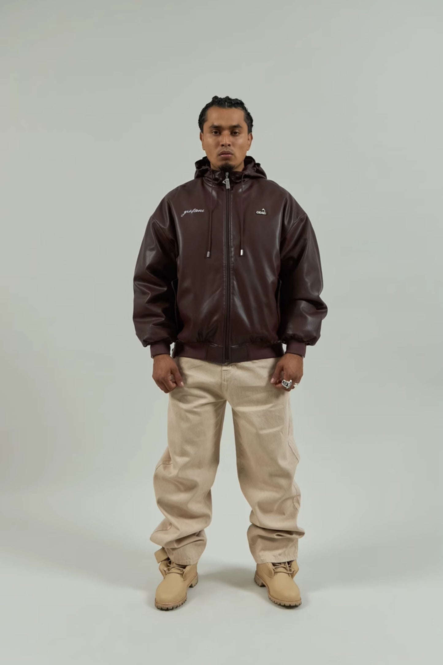 GRAF&WU Winter Vibe Metal Deer Brand Logo MA1 Leather Jacket