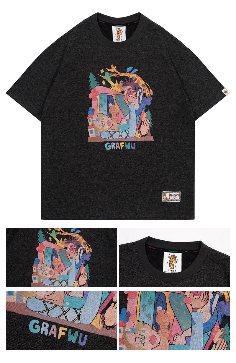 GRAF&WU Giraffe Fable Greed and Jealousy Abstract Streetwear Ice Silk Fabric T-Shirt