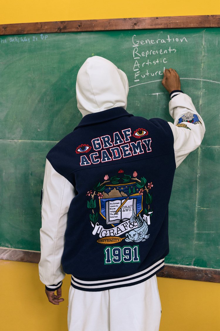 GRAF&WU University Them Leather Sleeved Wool Baseball Jacket