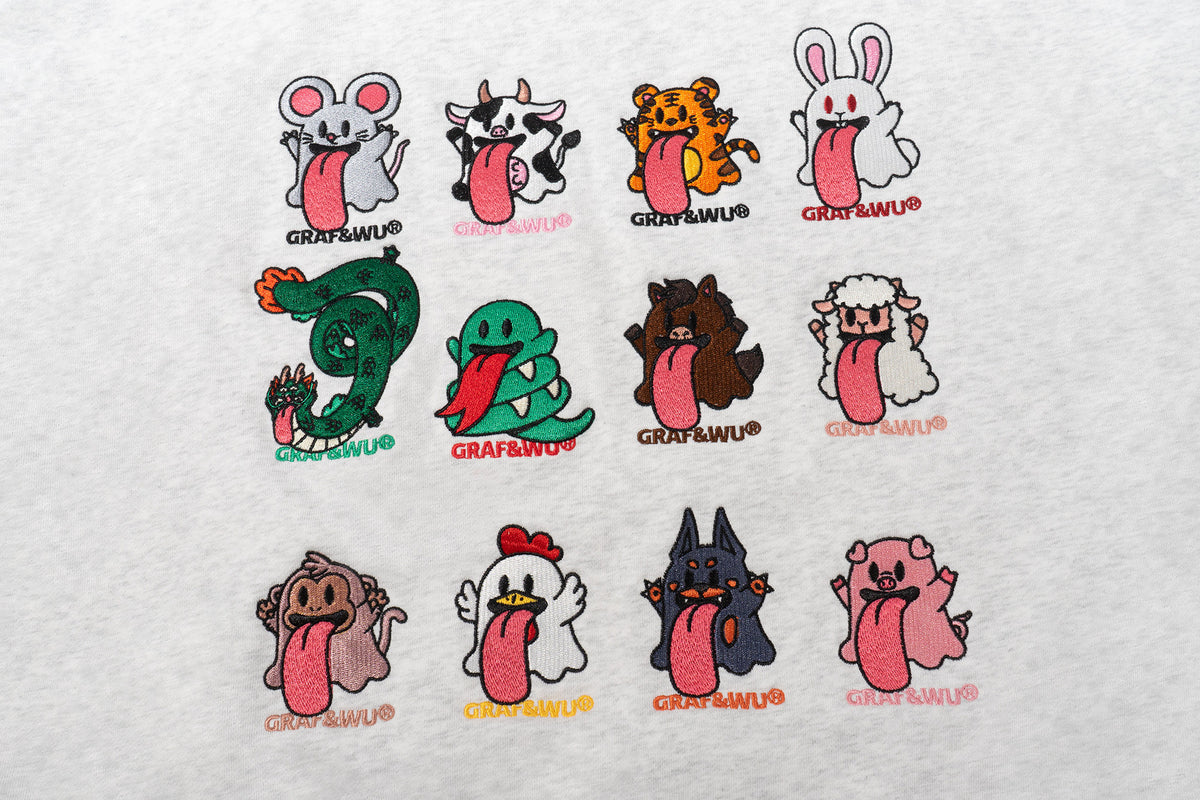 GRAF&WU Chinese Zodiac Cute Ghost Themed Embroidered Oversized Fleece Hoodie