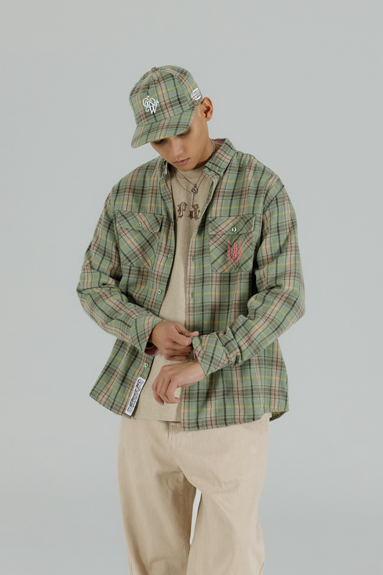 GRAF&WU Vintage Plaid Button Up Shirt Embroidered Streetwear