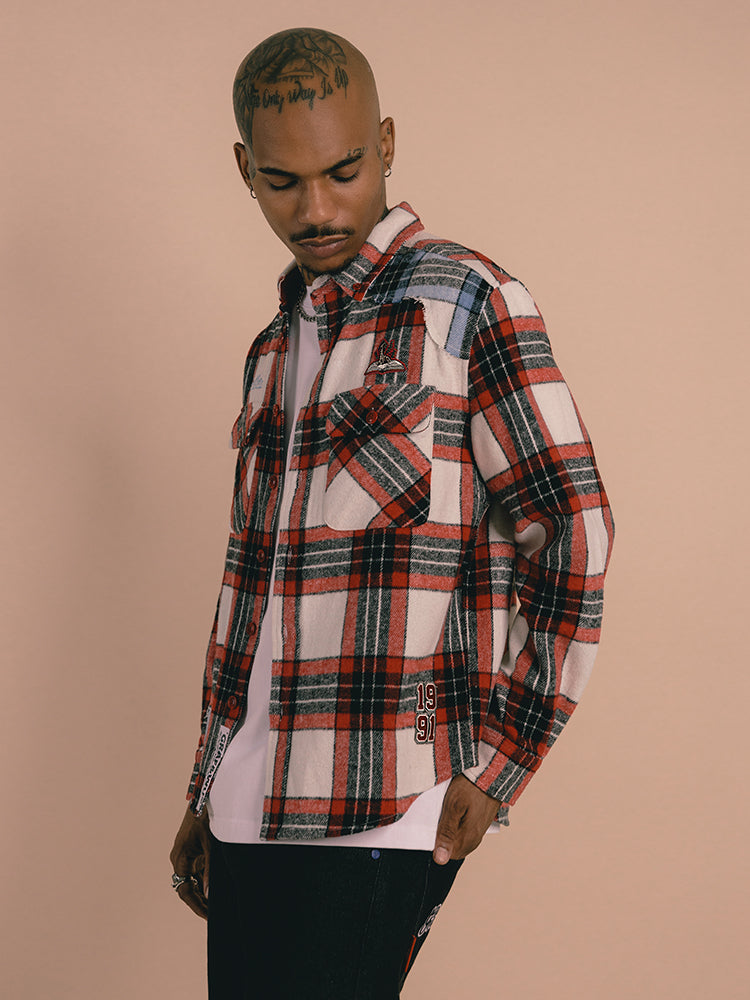 GRAF&WU Spliced Grid Ddesign Flannel Fashion Shirt