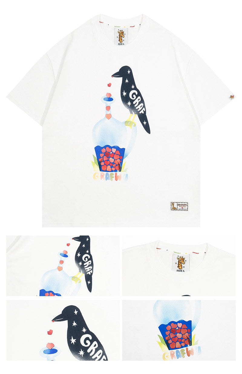 GRAF&WU【Giraffe Fable】Black Crow Drinking Water Print Streetwear Cool Feeling T-Shirt