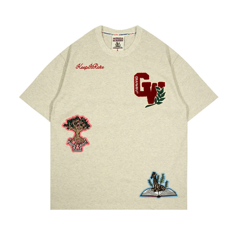GRAF&WU Giraffe University Knowledge Power Embroidered Badge Cotton T-shirt