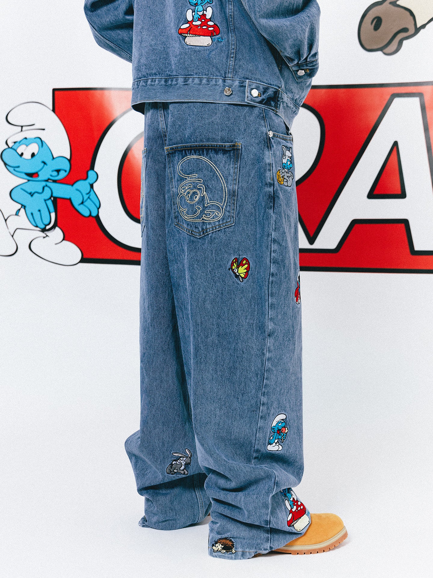 GRAF X SMURF Animal Character Embroidery Baggy Jeans