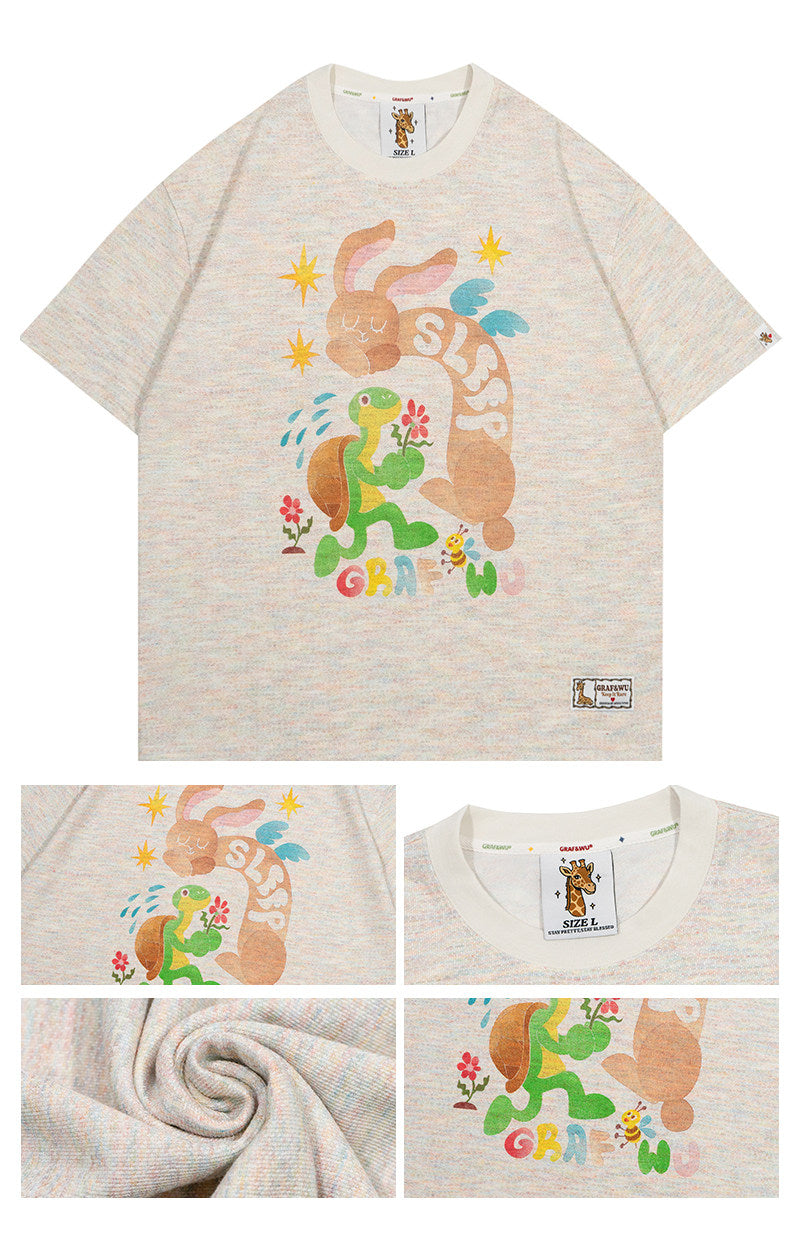 GRAF&WU【Giraffe Fable】Tortoise And Hare Race Star Print Street Ice Silk T-Shirt