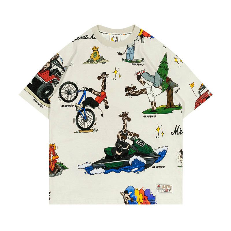 GRAF&WU T-Shirts Street Activity Giraffe Pattern Design Short Sleeve Street Hip-Hop Fashion Short Sleeves Men Cotton Summer T-Shirt Casual Tees