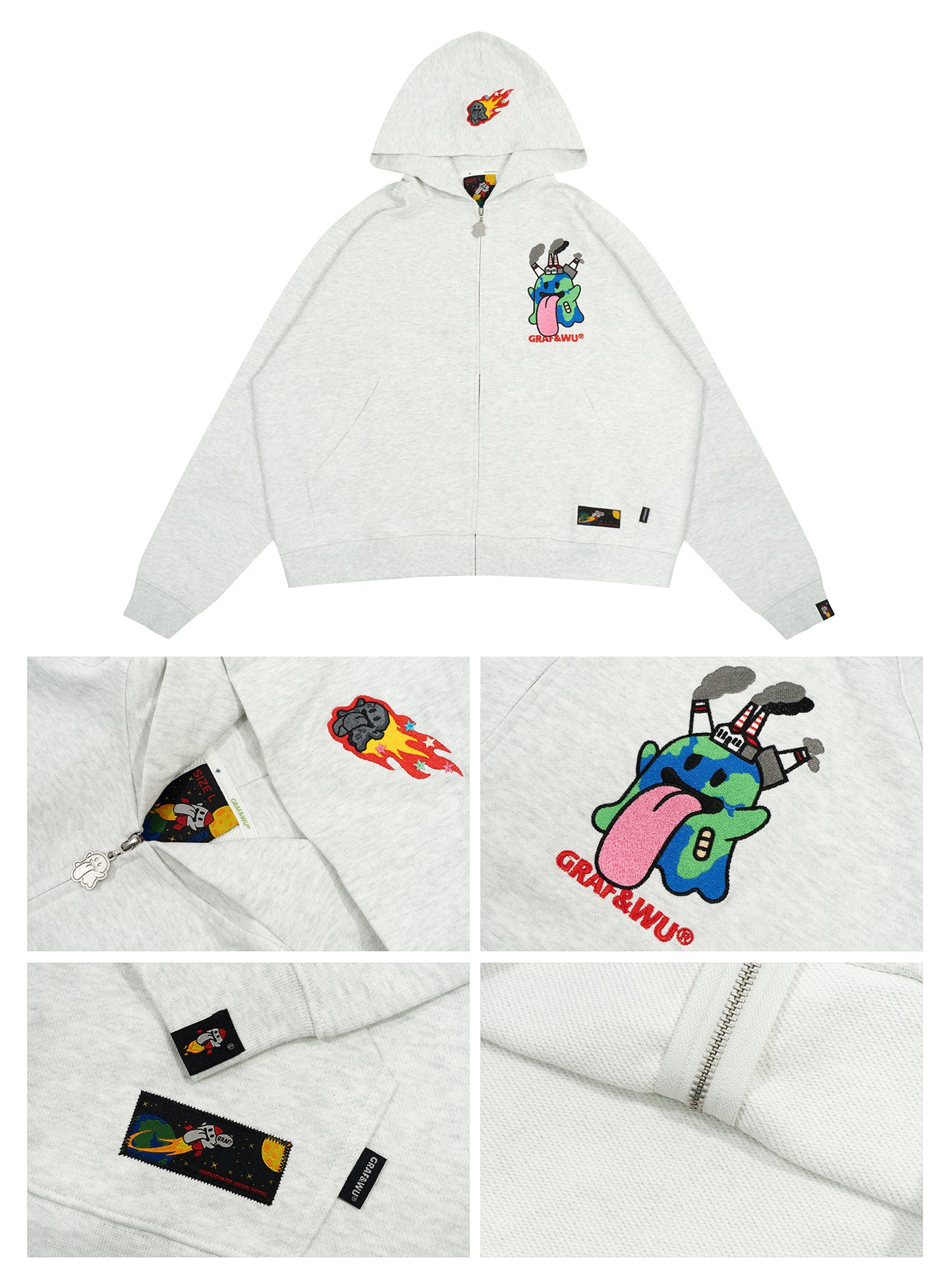GRAF&WU Solar System Planet Cute Ghost Embroidered Zip-up Hoodie