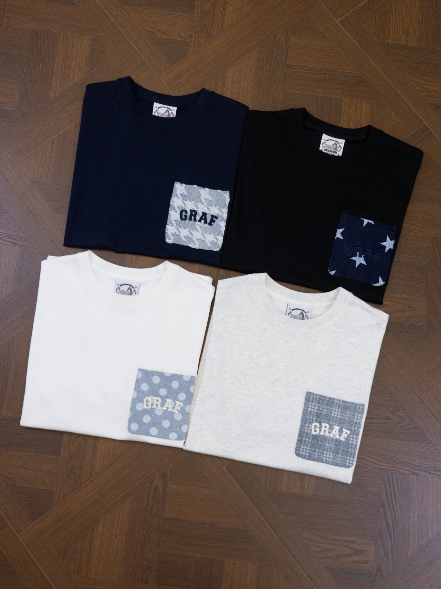 GRAF&WU Washed Houndstooth Star Pattern Denim Pocket Cotton T-shirt