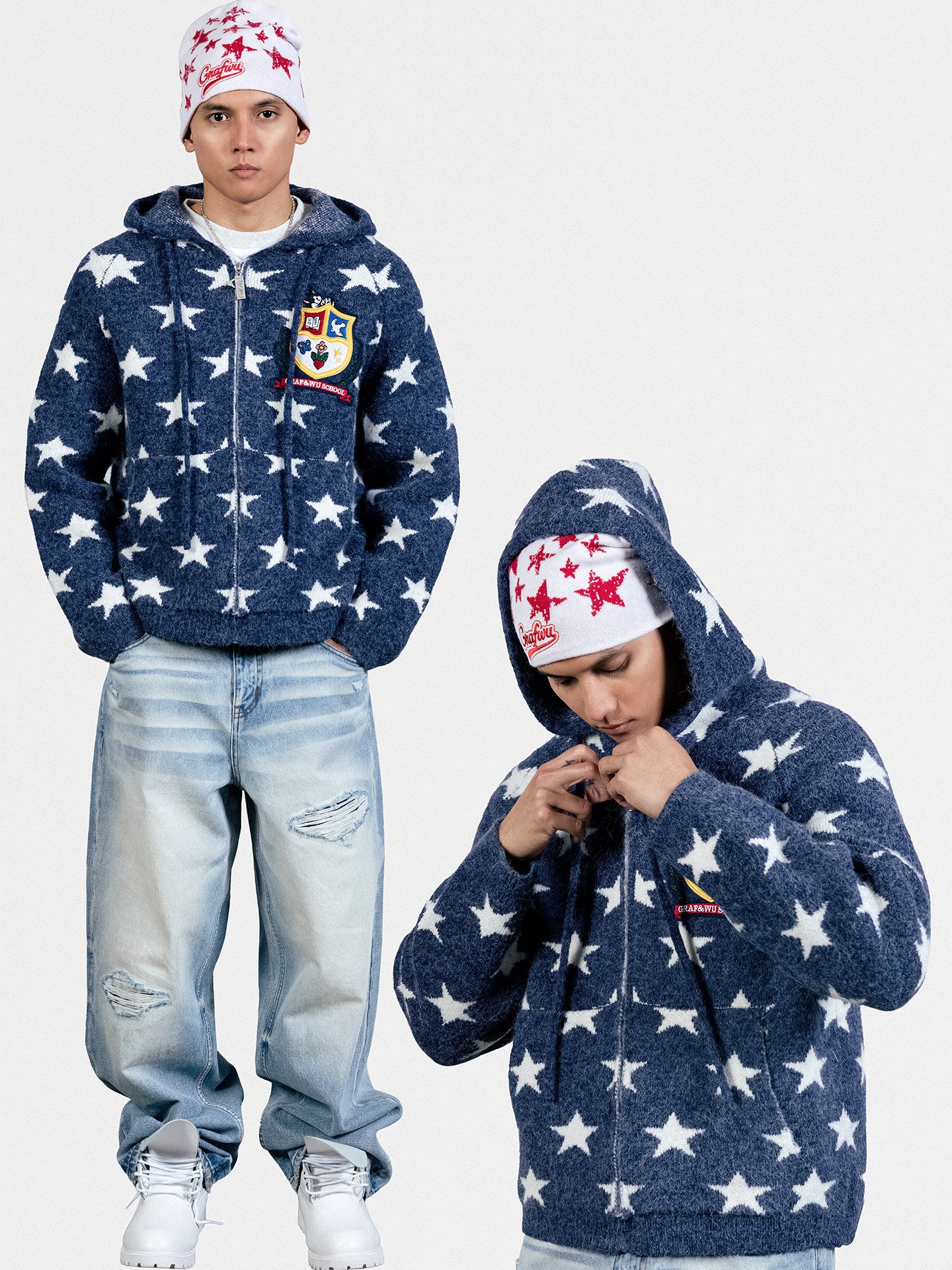 GRAF&WU Brand GW Letter Star Embroidered Washed Blue Ripped Jeans