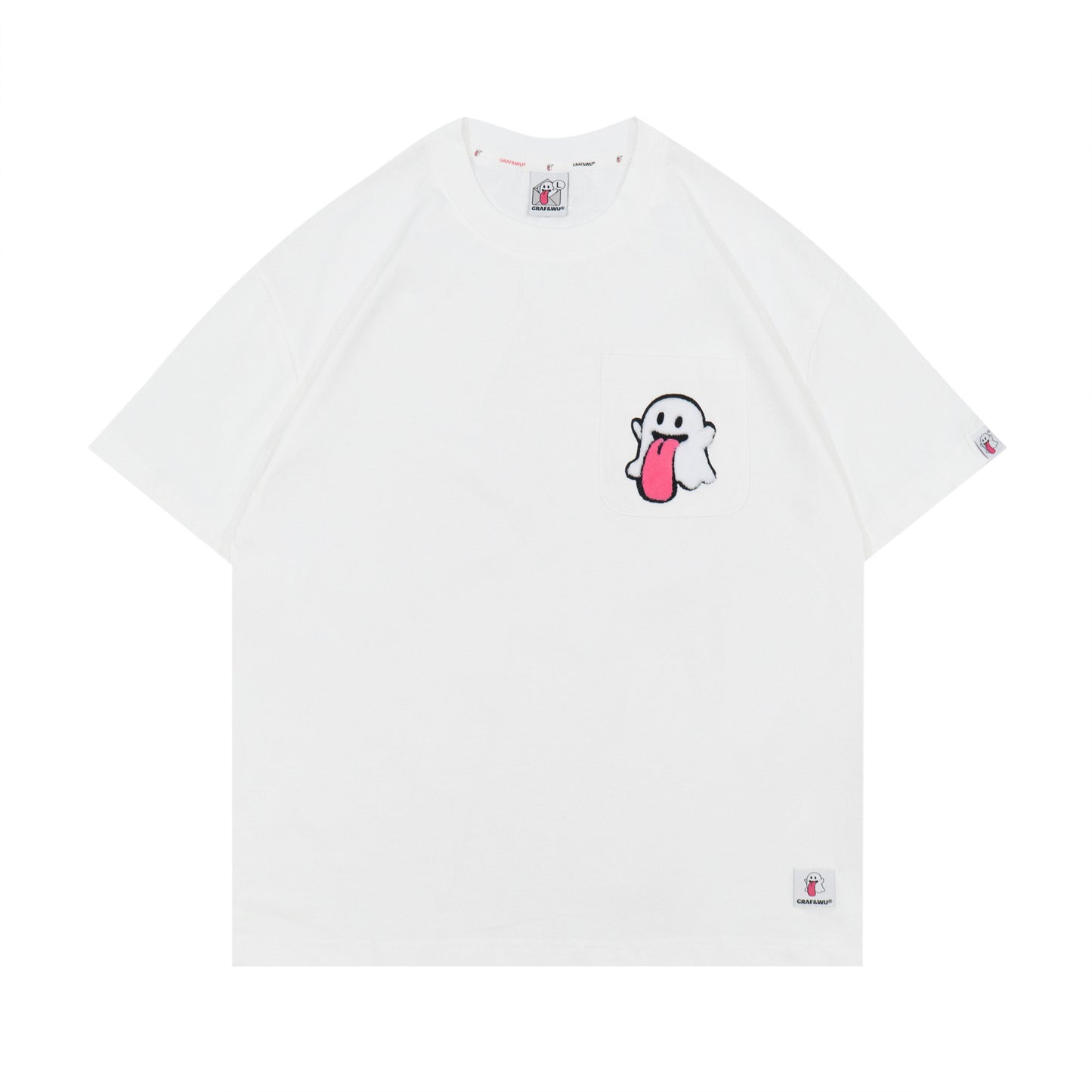 GRAF&WU Plush Cute Ghost Character Pattern Pocket T-shirt