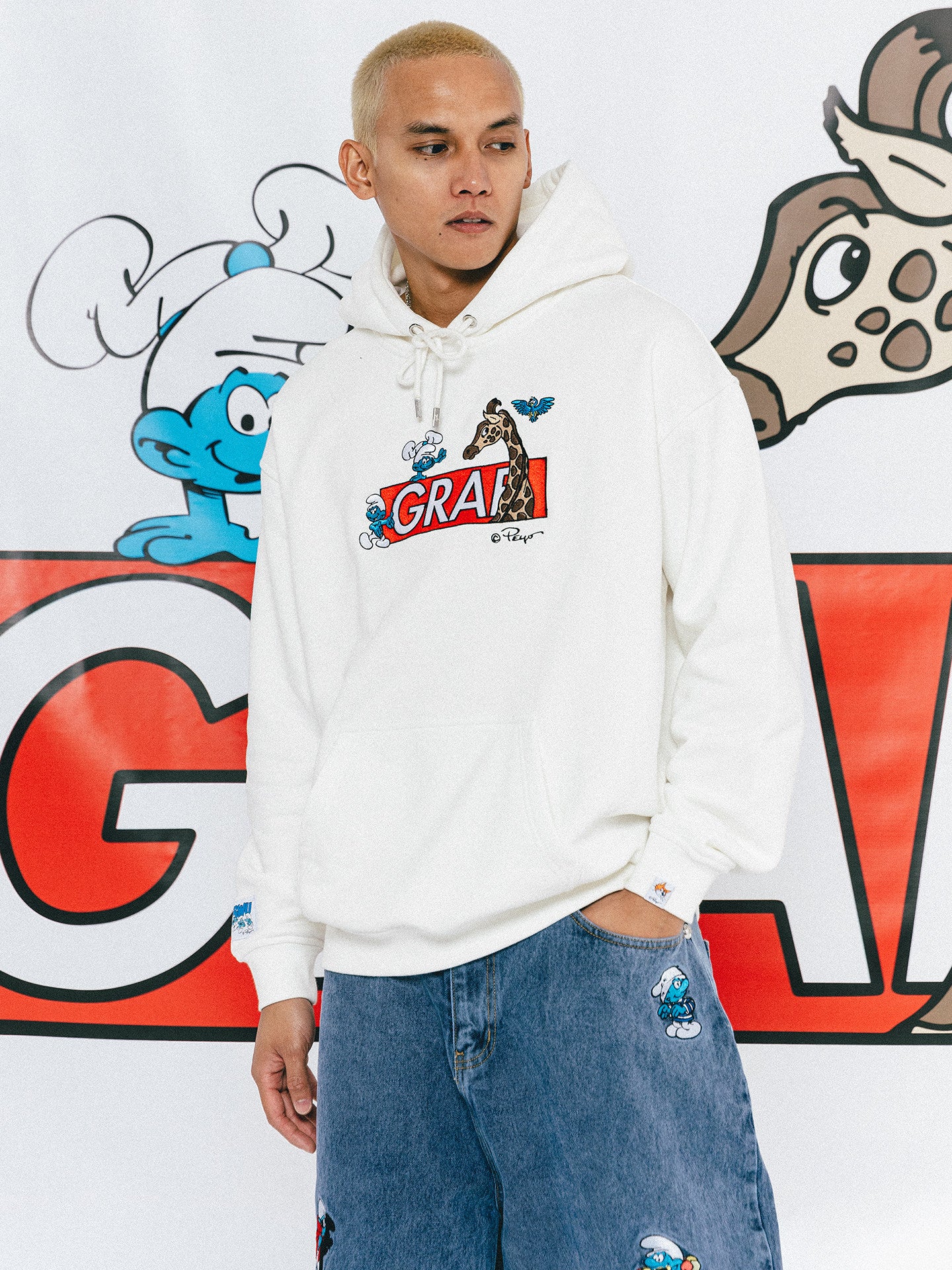 GRAF X SMURF Giraffe Smurf Embroidered Cartoon Fleece Hoodie