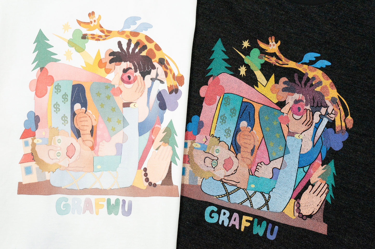 GRAF&WU Giraffe Fable Greed and Jealousy Abstract Streetwear Ice Silk Fabric T-Shirt