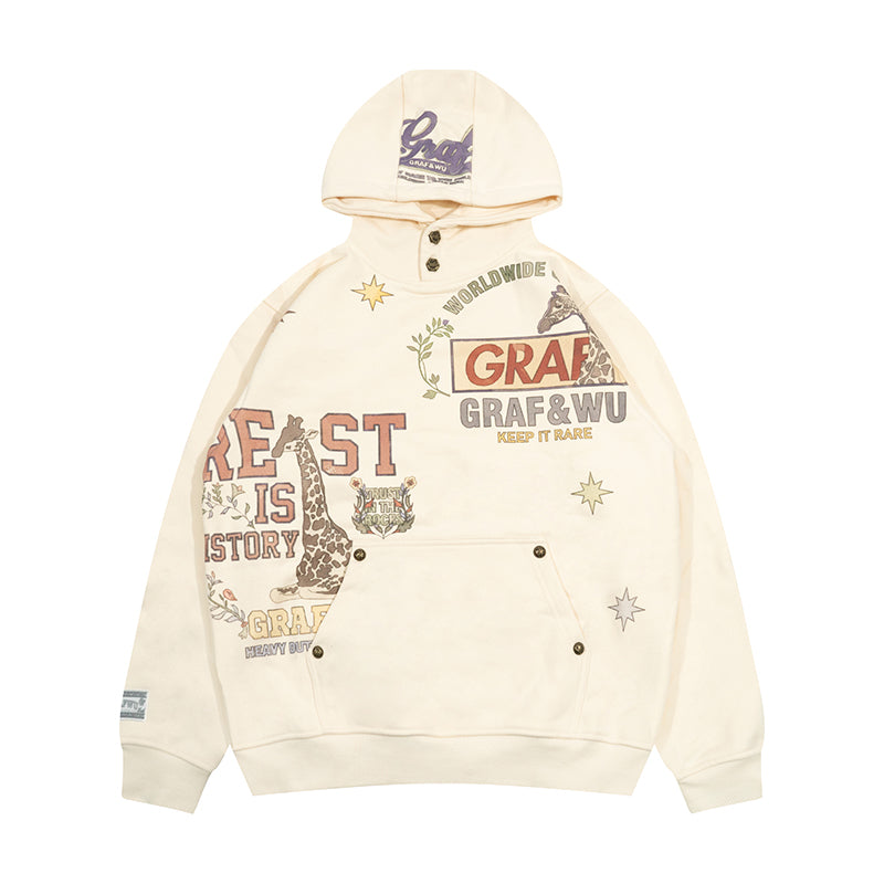 GRAF&WU Peace Dove Giraffe Flower Brass Button Fleece Hoodie
