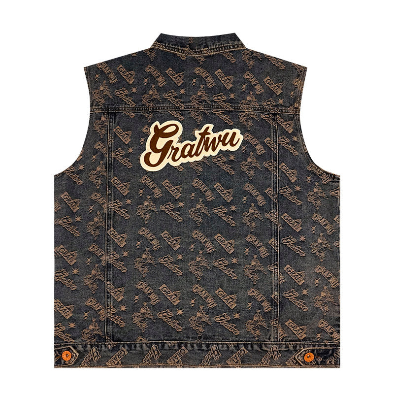 GRAF&WU Retro Jacquard Embroidered Sleeveless Denim Vest