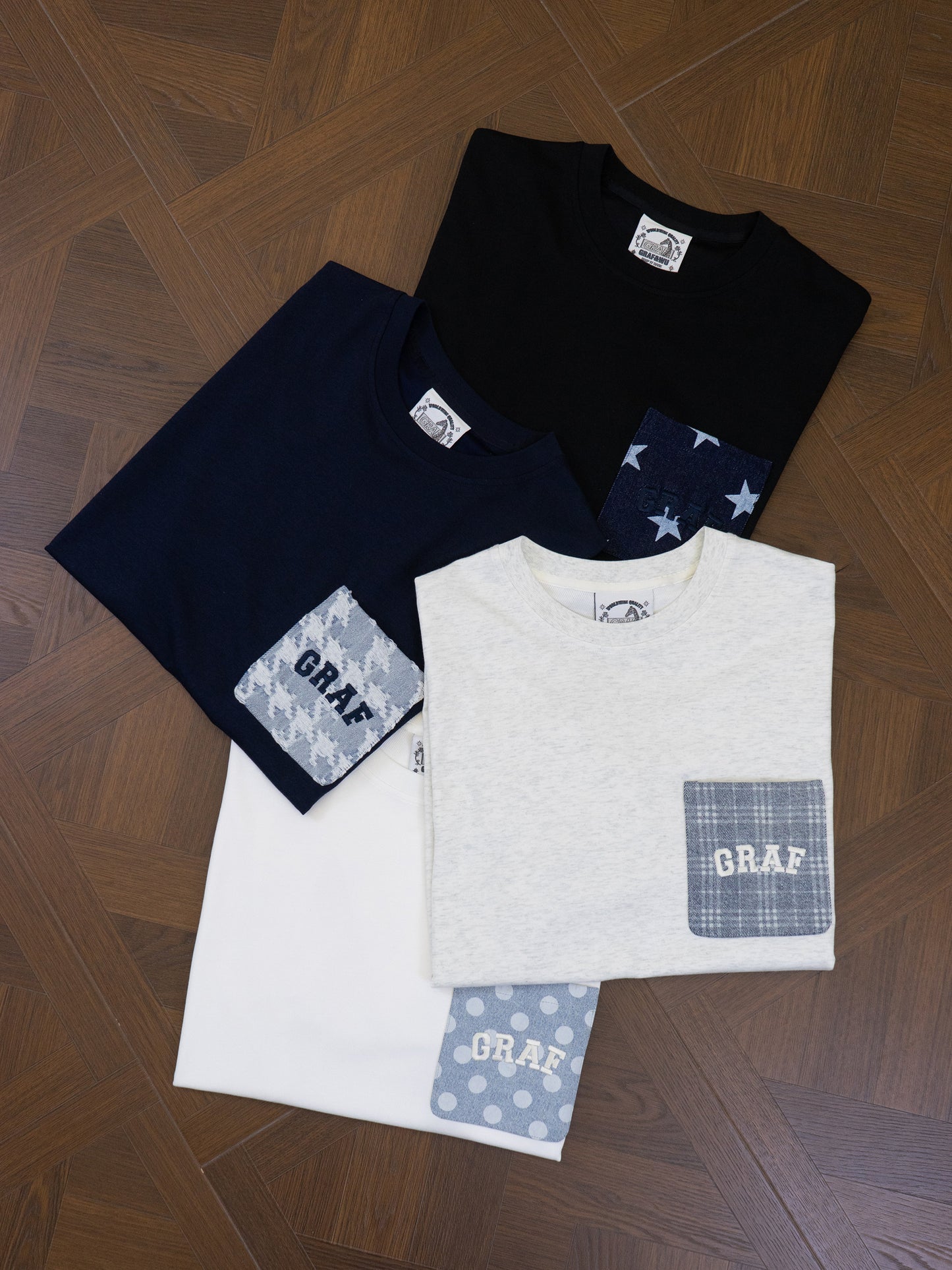 GRAF&WU Washed Houndstooth Star Pattern Denim Pocket Cotton T-shirt