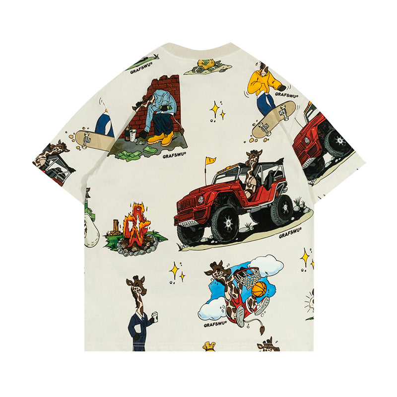 GRAF&WU T-Shirts Street Activity Giraffe Pattern Design Short Sleeve Street Hip-Hop Fashion Short Sleeves Men Cotton Summer T-Shirt Casual Tees