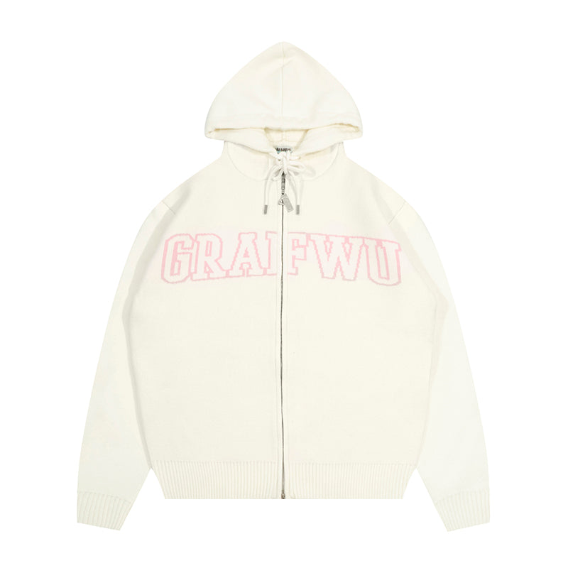 GRAF&WU Soft Knitted Warm Letter Thick Zip-up Sweater