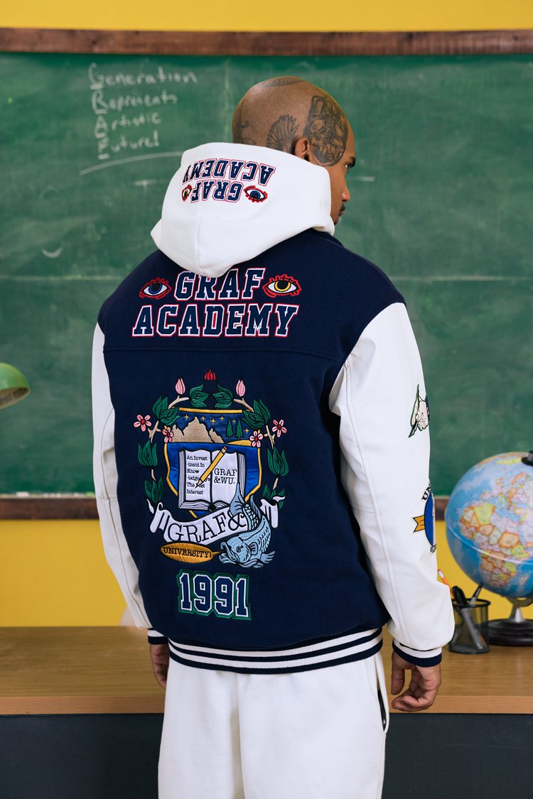 GRAF&WU University Them Leather Sleeved Wool Baseball Jacket
