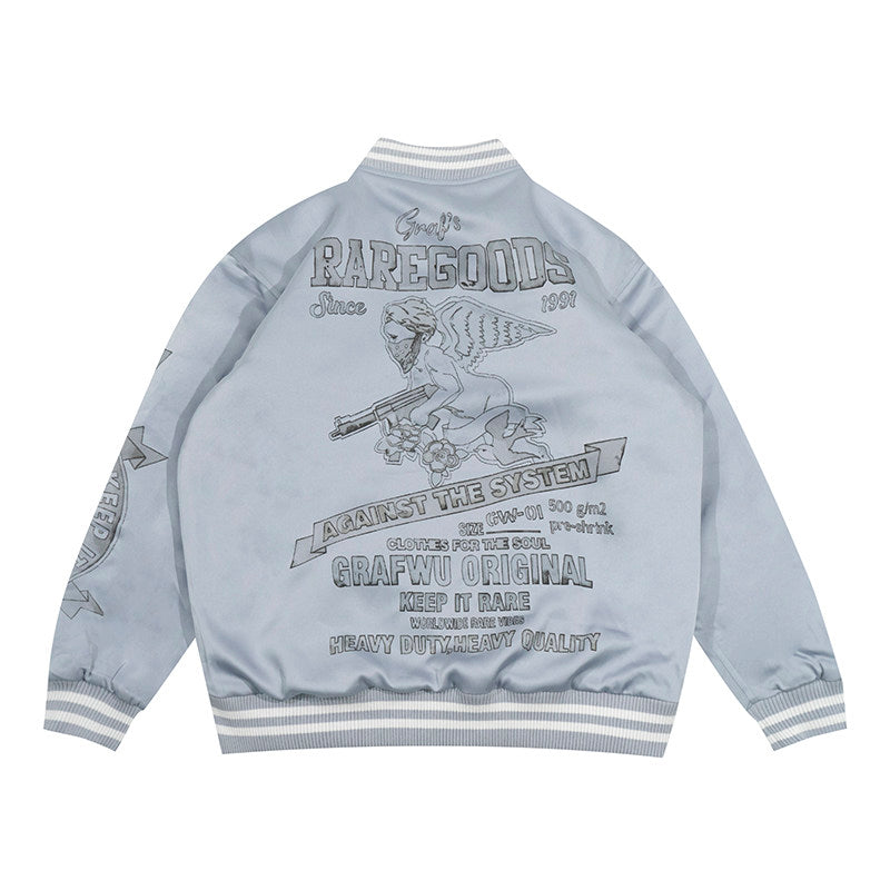 GRAF&WU Vintage Floral Giraffe Goddess Blessing Graphic Satin Thin Baseball Jacket