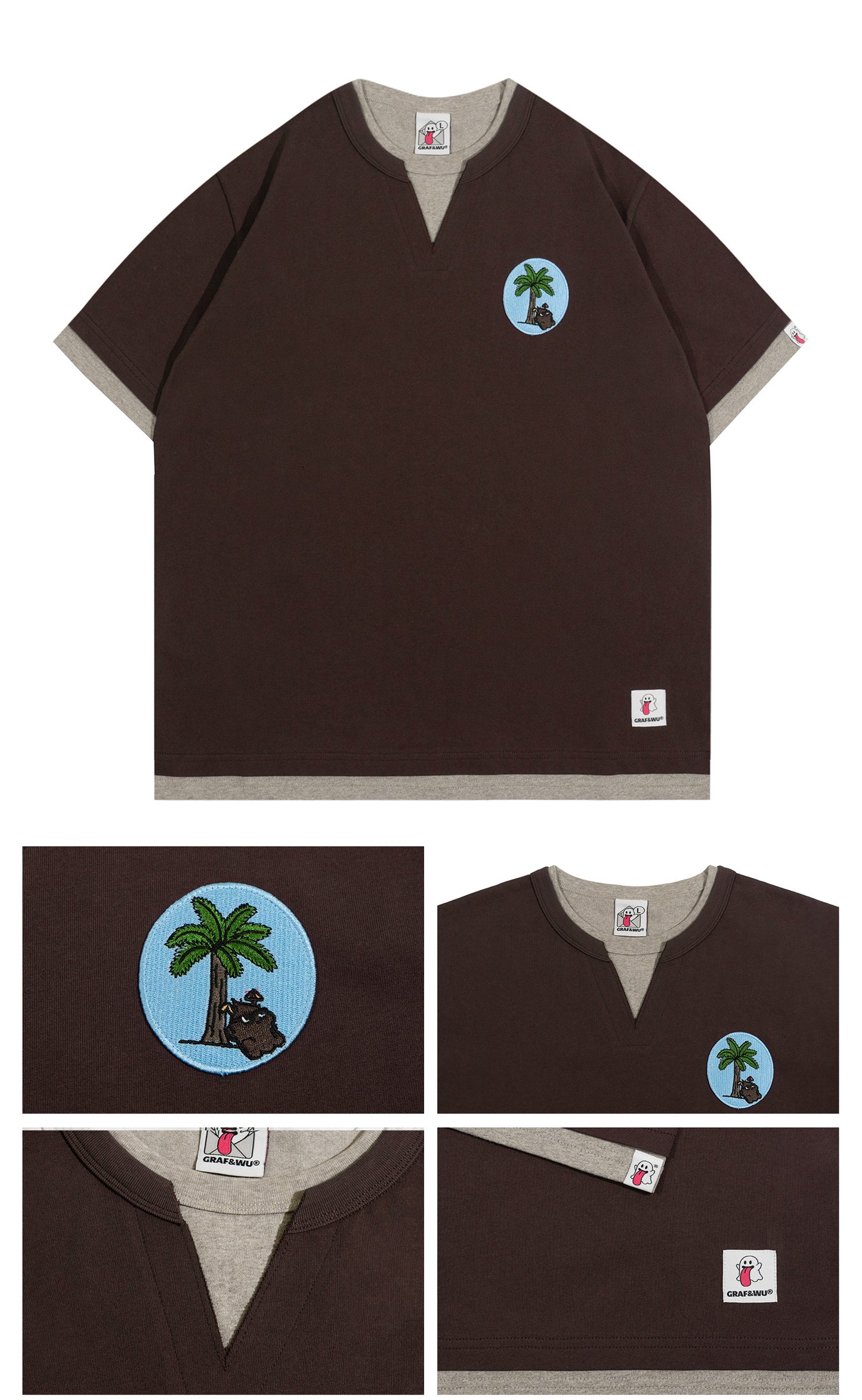 GRAF&WU Vintage Fake Two-Piece Notch Crew Neck T-Shirt