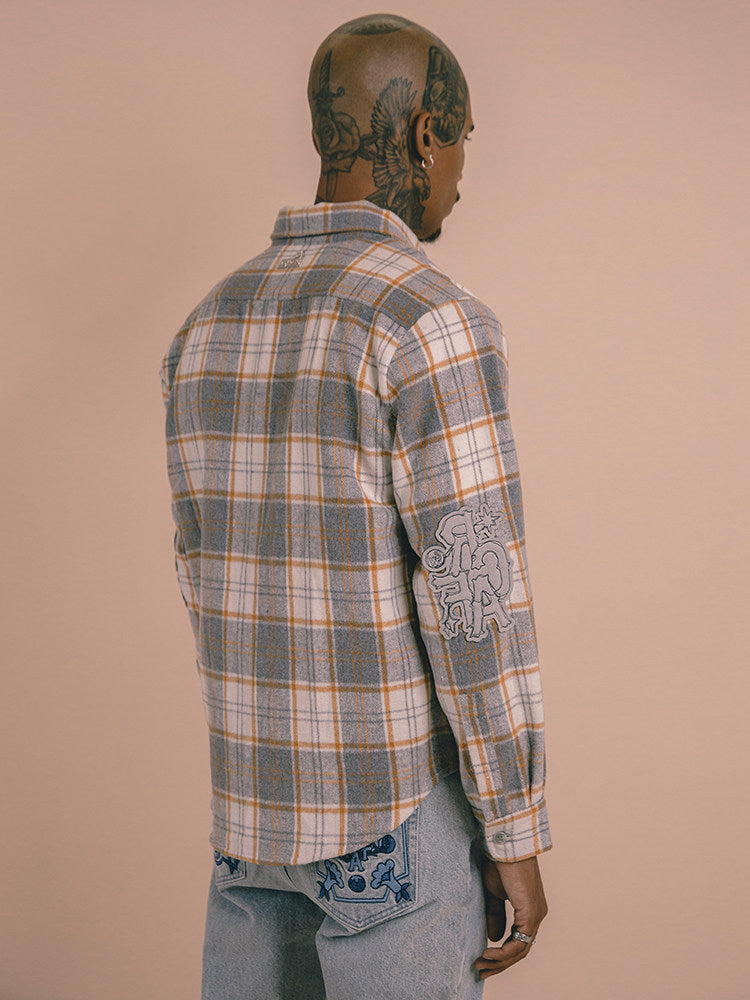 GRAF&WU Giraffe Embroidered Flannel Loose Plaid Shirt