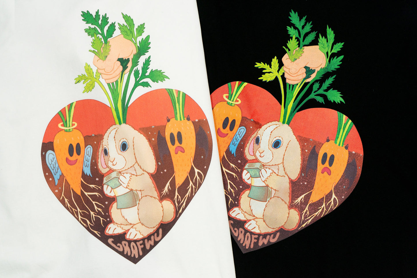 GRAF&WU【Giraffe Fable】Waiting Rabbit Run into Tree Stump Devil Angel Carrot T-shirt