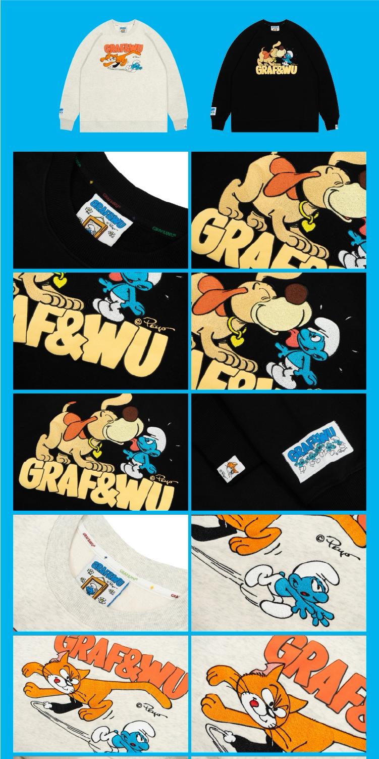 GRAF&WU Cat Dog Chasing Embroidered Crew Neck Fleece Sweatshirt