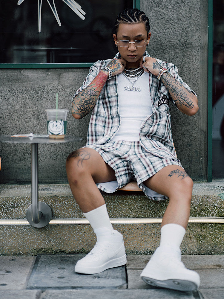 GRAF&WU Classic Embroidered Giraffe Check Casual Short-Sleeve Shirt