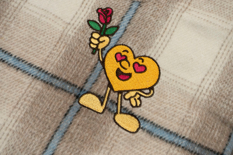 GRAF&WU Plaid 3 LOVE Heart Eembroidery Streetwear Brushed Shirt