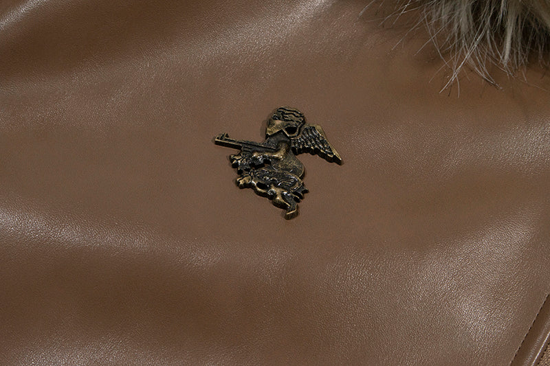 GRAF&WU Detachable Fur Collar PU Leather Metal Angel Deer Thick Jacket - Premium Winter Streetwear